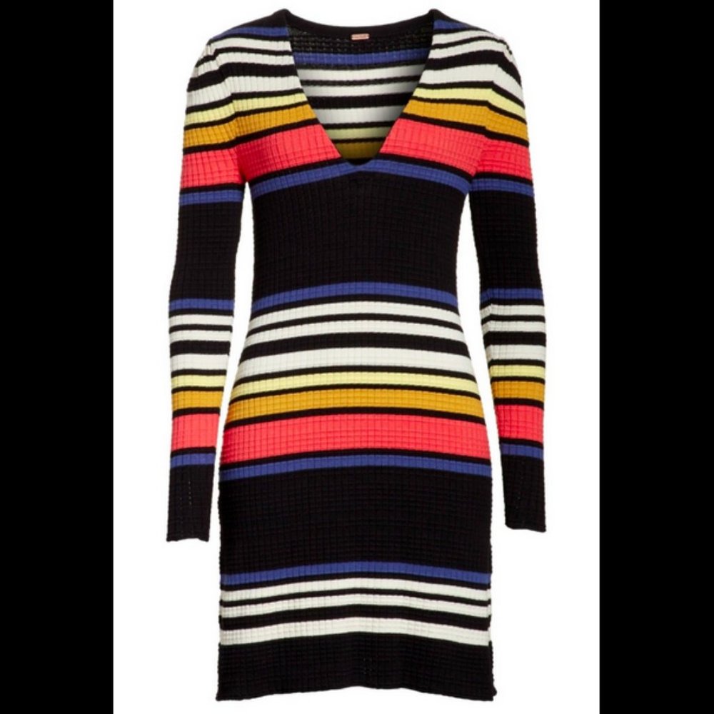 FREE PEOPLE BLACK STRIPED LONG SLEEVE GIDGET SWEATER MINI DRESS